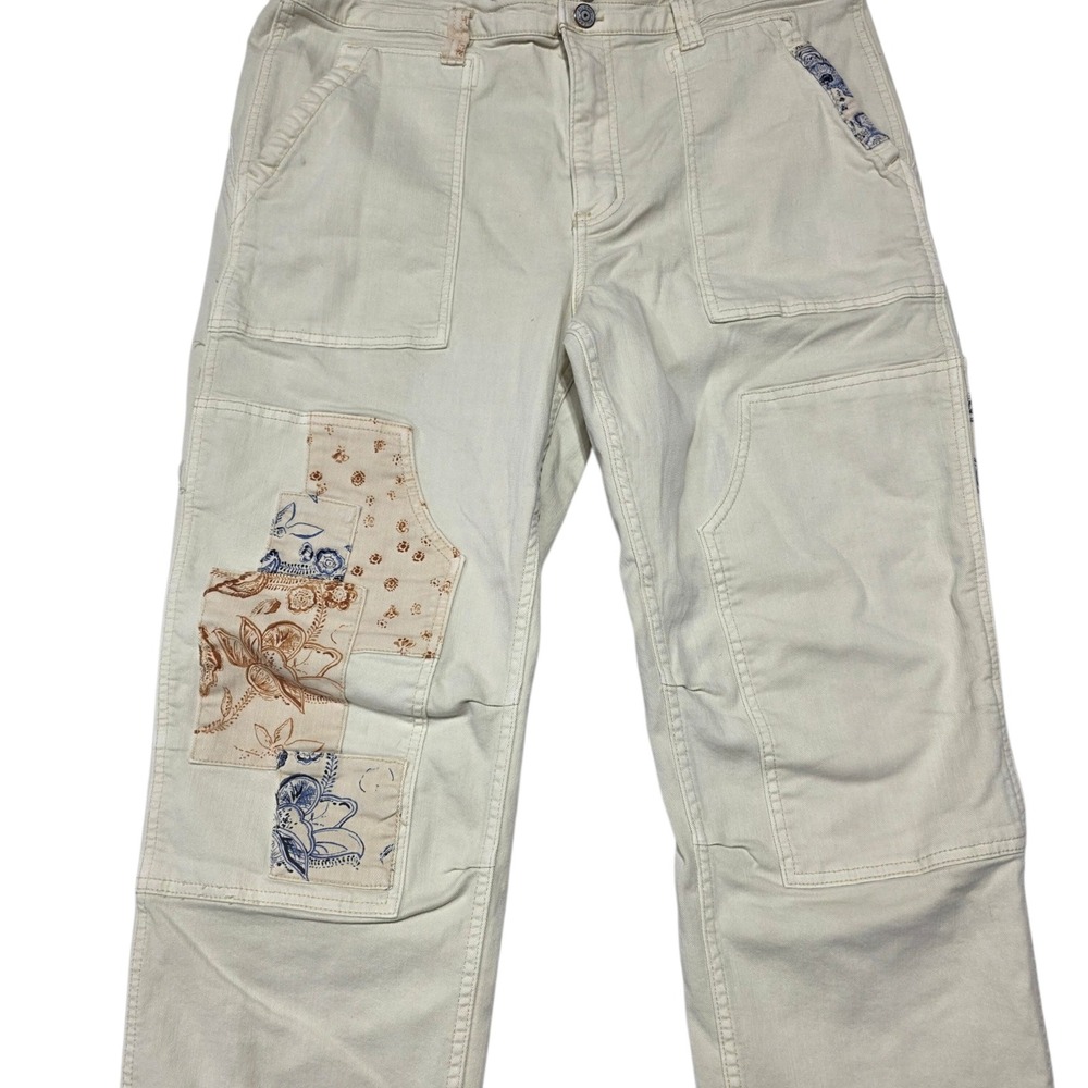 Pilcro Patchwork Floral Straight Leg Pants Women 31 Tall Cream Boho Utility - Picture 4 of 11